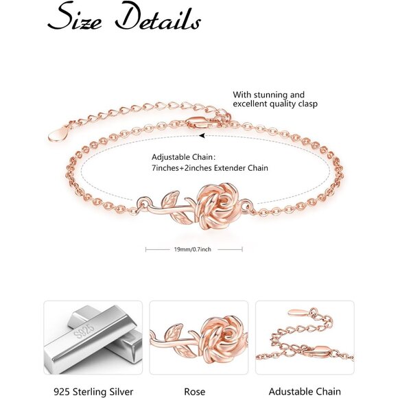 Rose Flower Bracelet for Women 925 Sterling Silver, Elegant & Durable Jewelry Gi - Picture 3 of 7